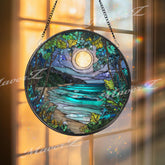 Moonlit Beach Glass Suncatcher: Coastal Night Landscape Window Art